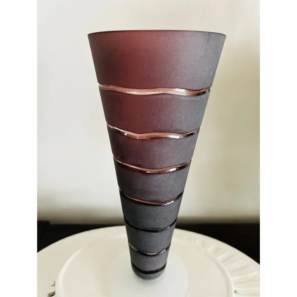 Vintage SASAKI VASE Purple Brown Frosted Cut to Clear Crystal Handmade 10